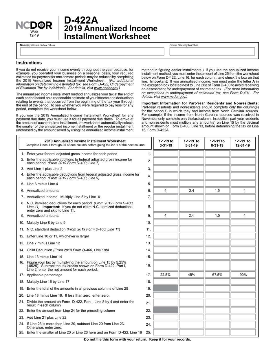 Form D-422A Annualized Income Installment Worksheet - North Carolina, Page 2
