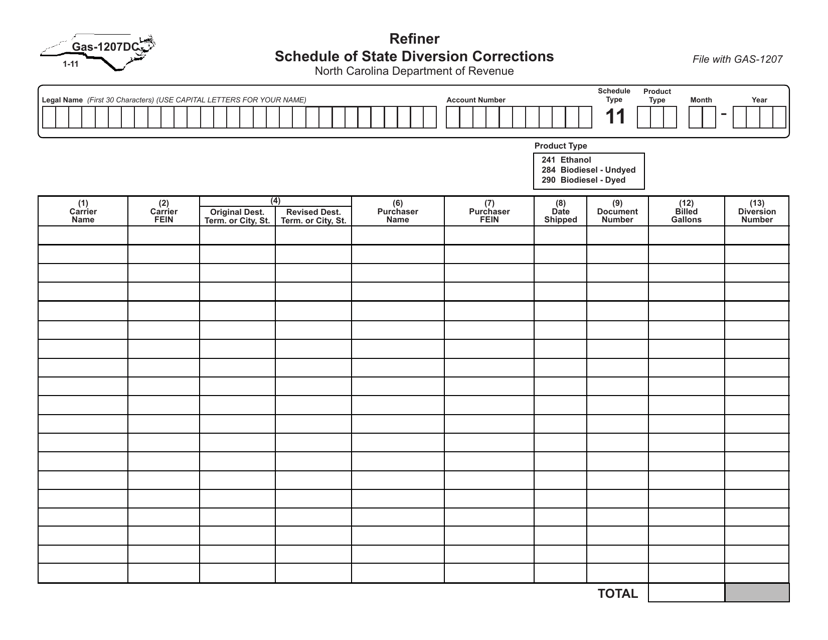Form GAS-1207DC Refiner - Schedule of State Diversion Corrections - North Carolina