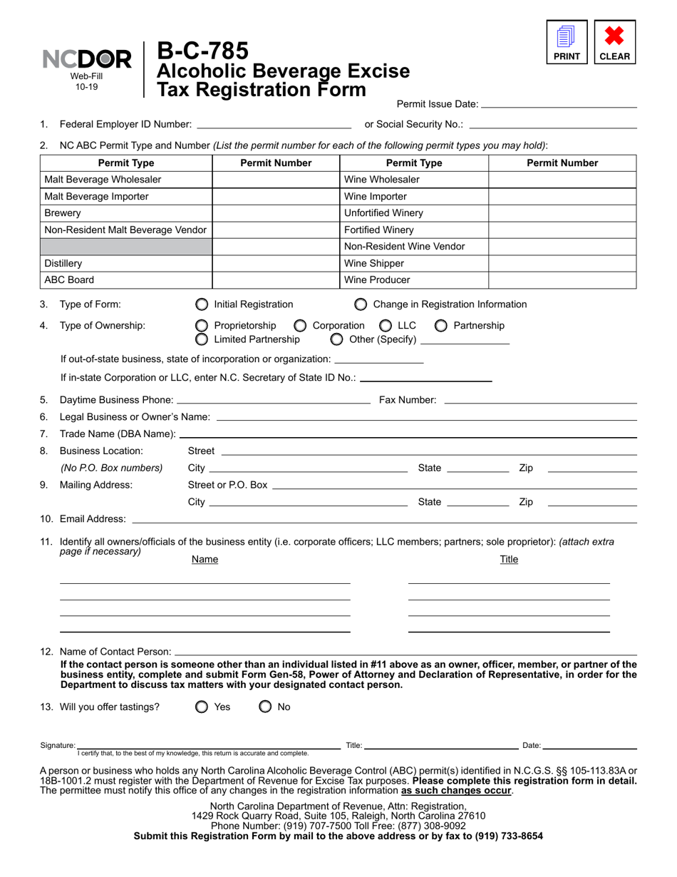 Form B-C-785 Alcoholic Beverage Excise Tax Registration Form - North Carolina, Page 1