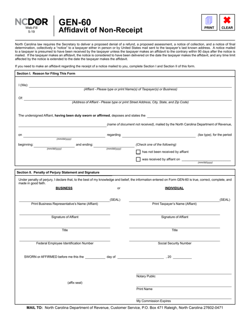 Form GEN-60 Affidavit of Non-receipt - North Carolina