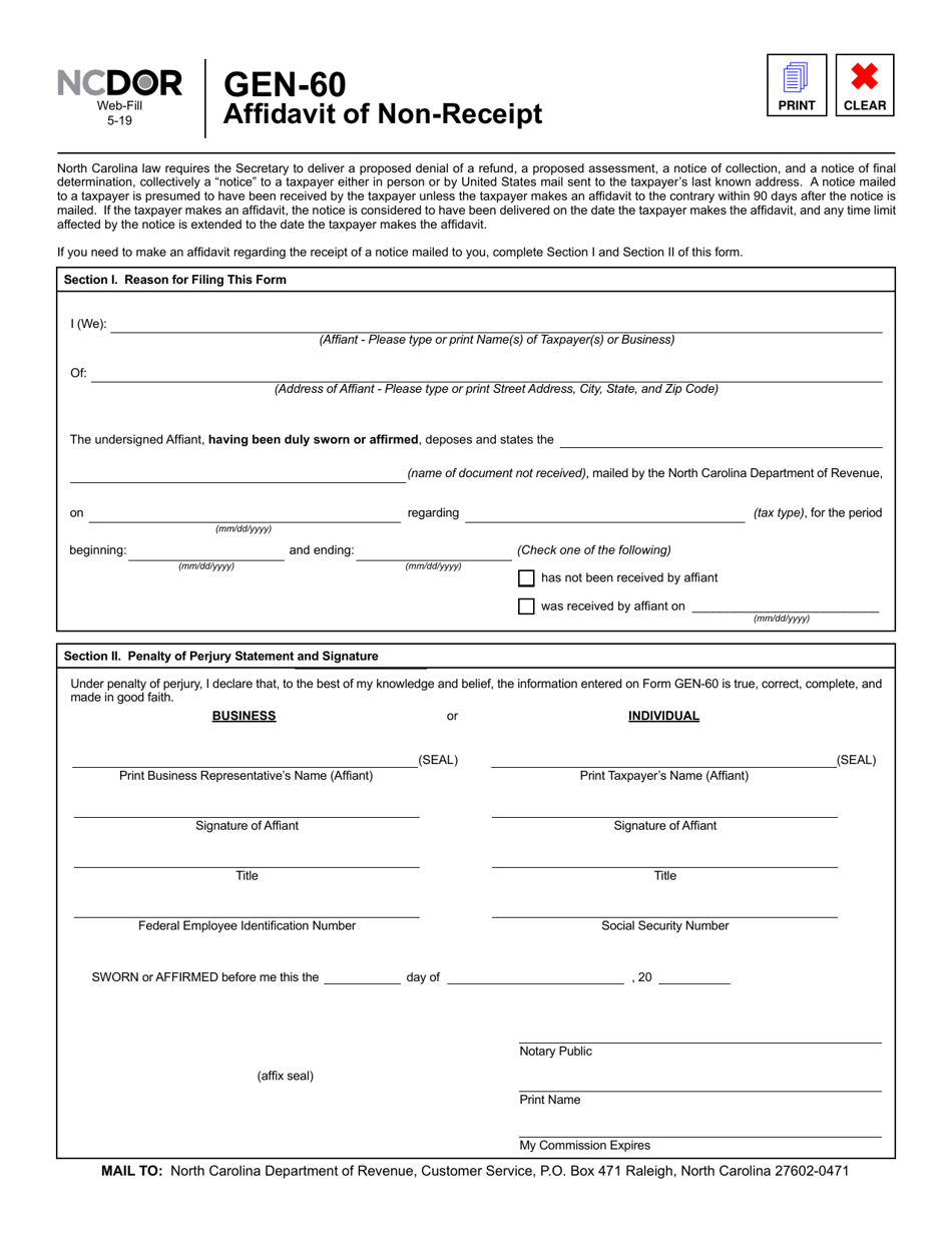 Form GEN-60 Affidavit of Non-receipt - North Carolina, Page 1