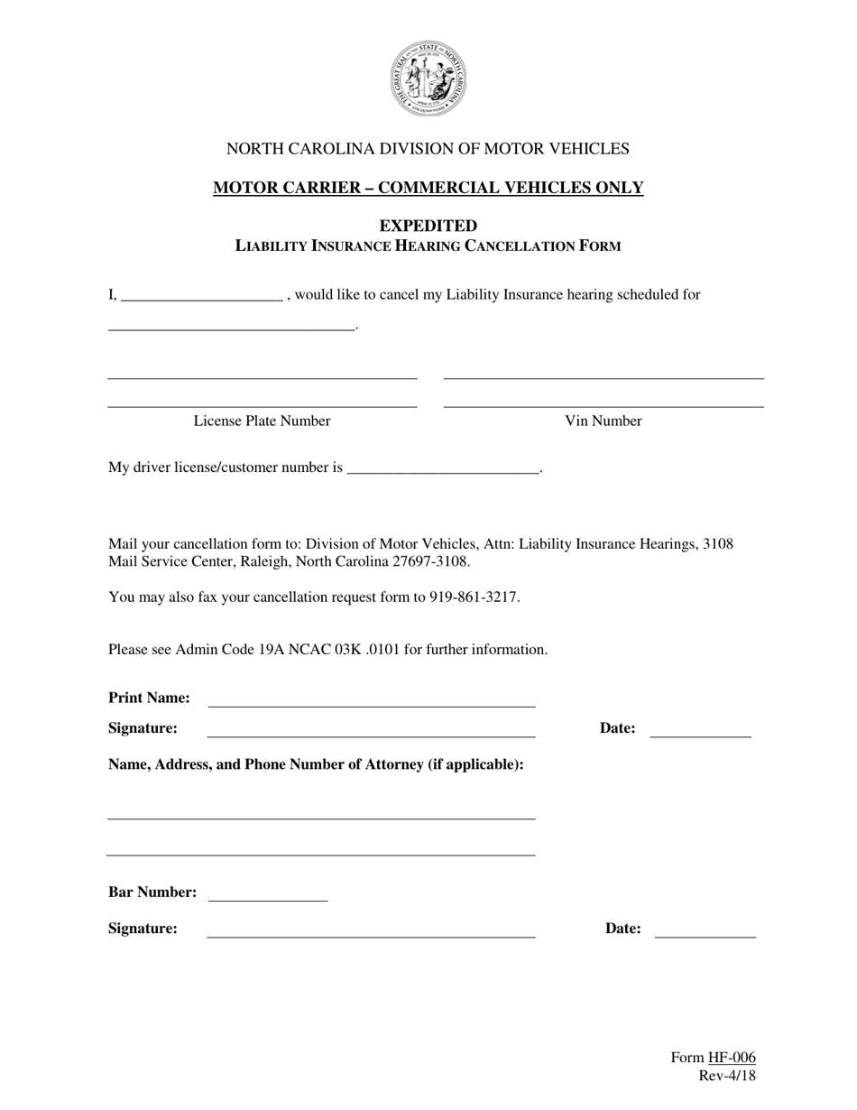 Form HF-006 Expedited Liability Insurance Hearing Cancellation for Motor Carriers - North Carolina, Page 1