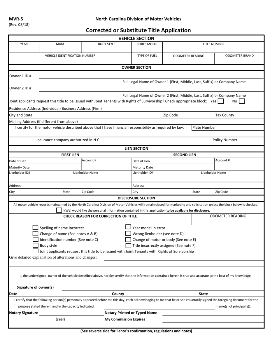 Form MVR-5 Corrected or Substitute Title Application - North Carolina, Page 1