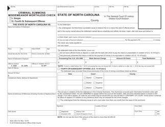 Form AOC-CR-115 Criminal Summons Misdemeanor Worthless Check - North Carolina