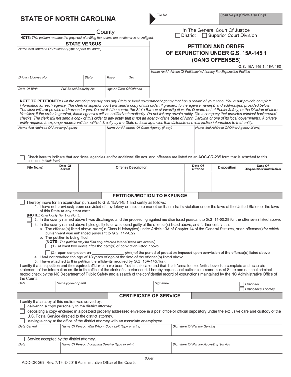 Form AOC-CR-269 Petition and Order of Expunction Under G.s. 15a-145.1 (Gang Offenses) - North Carolina, Page 1