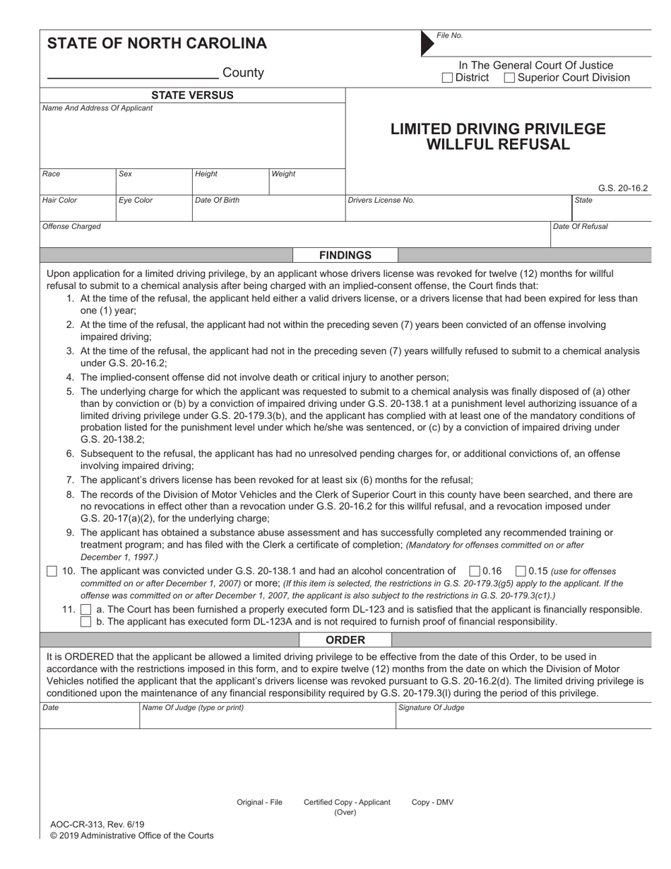Form AOC-CR-313 Limited Driving Privilege Willful Refusal - North Carolina, Page 1