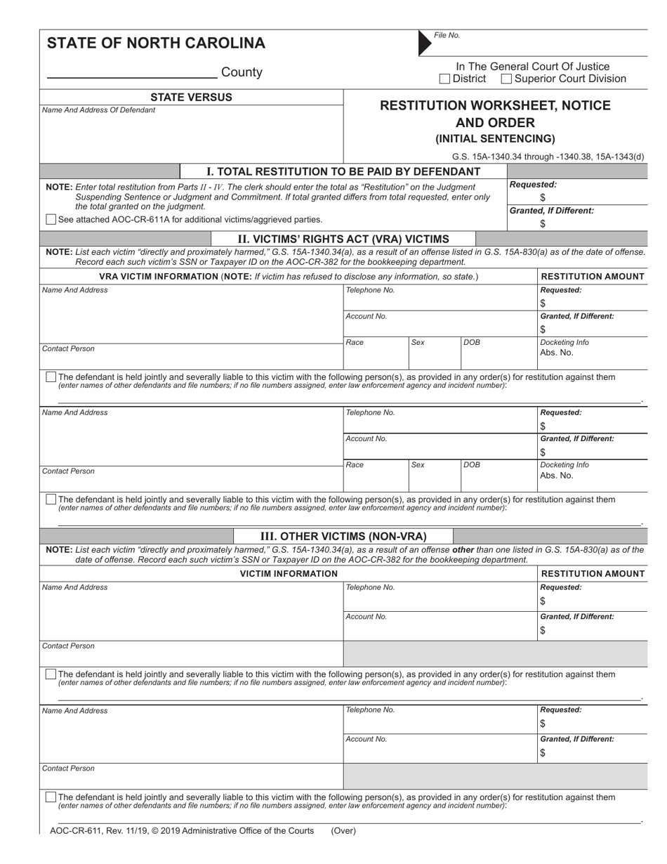Form AOC-CR-611 Restitution Worksheet, Notice and Order (Initial Sentencing) - North Carolina, Page 1