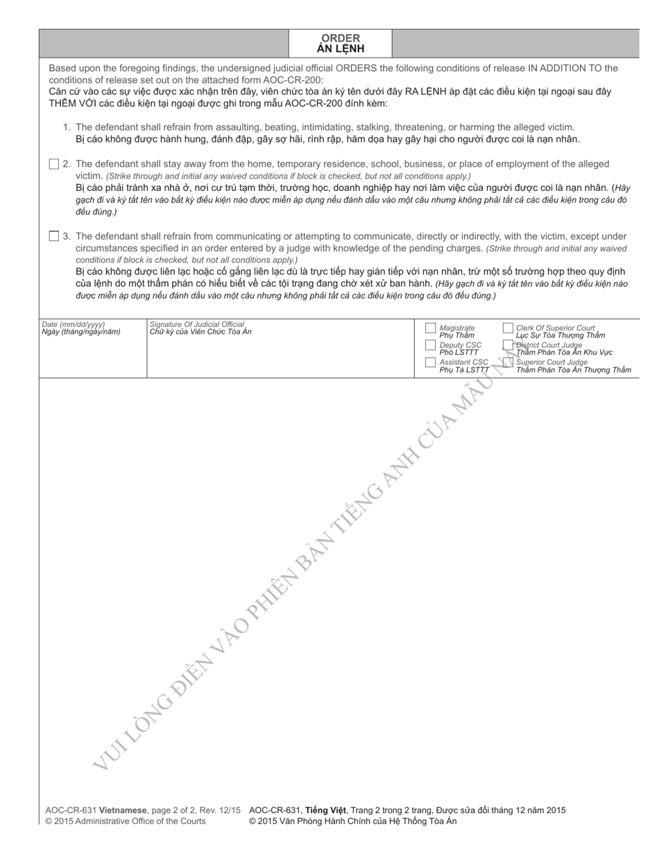 Form AOC-CR-631 Conditions of Release for Person Charged With Sex Offense or Crime of Violence Against Child Victim - North Carolina (English / Vietnamese), Page 2