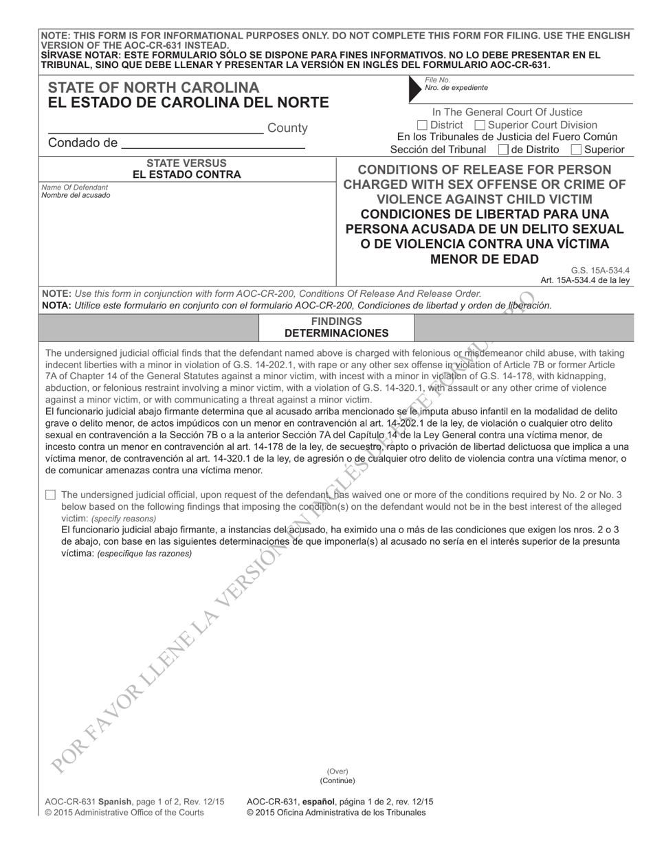 Form AOC-CR-631 Conditions of Release for Person Charged With Sex Offense or Crime of Violence Against Child Victim - North Carolina (English / Spanish), Page 1