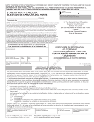 Document preview: Form AOC-CR-919 Certificate of Restoration of Citizenship (Out-of-State or Federal Conviction) - North Carolina (English/Spanish)