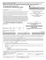 Form AOC-CR-919 Certificate of Restoration of Citizenship (Out-of-State or Federal Conviction) - North Carolina (English/Spanish)