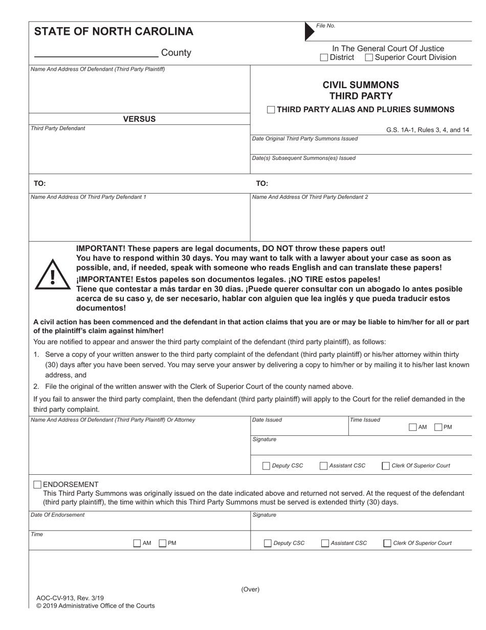 Form AOC-CV-913 Civil Summons Third Party - North Carolina, Page 1