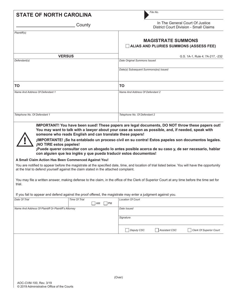 Form AOC-CVM-100 Magistrate Summons - North Carolina, Page 1