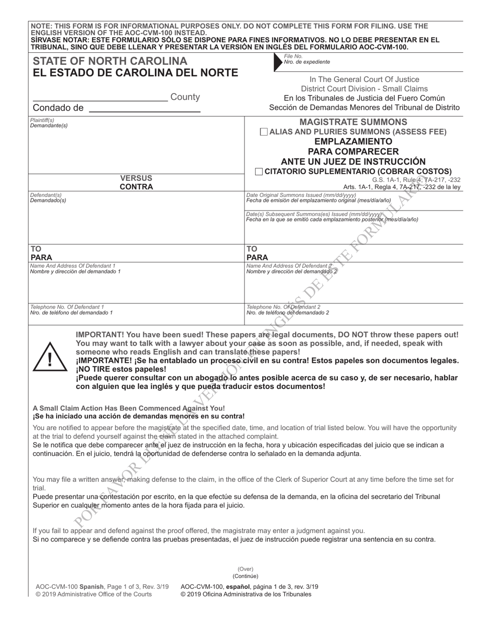 Form AOC-CVM-100 Magistrate Summons - North Carolina (English / Spanish), Page 1