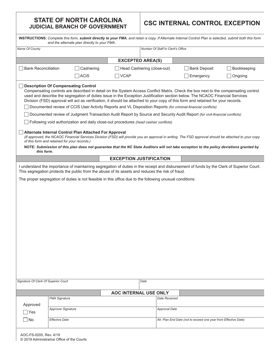 Form AOC-FS-0200 Csc Internal Control Exception - North Carolina, Page 1
