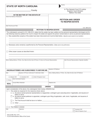 Document preview: Form AOC-E-908 Petition and Order to Reopen Estate - North Carolina