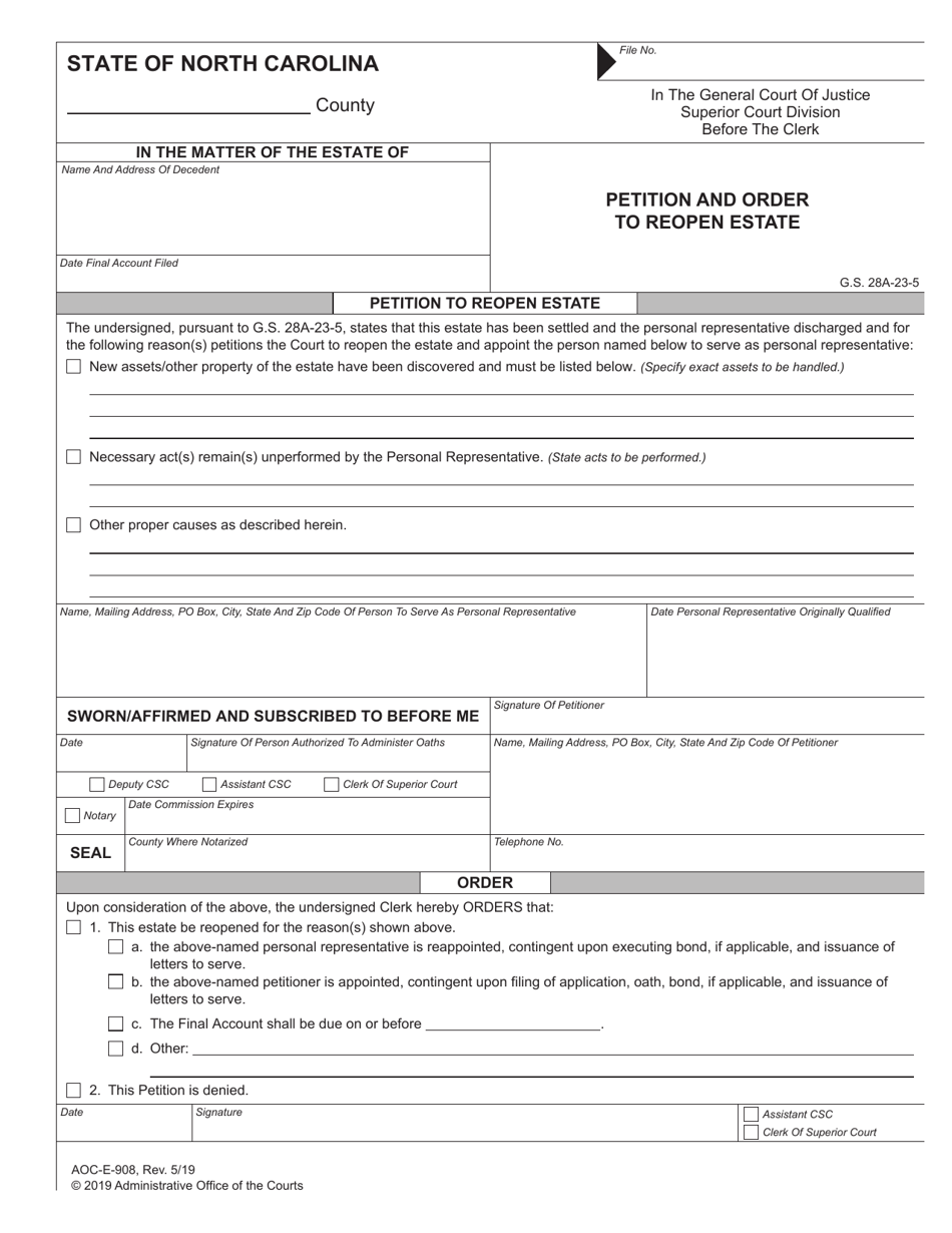 Form AOC-E-908 Petition and Order to Reopen Estate - North Carolina, Page 1
