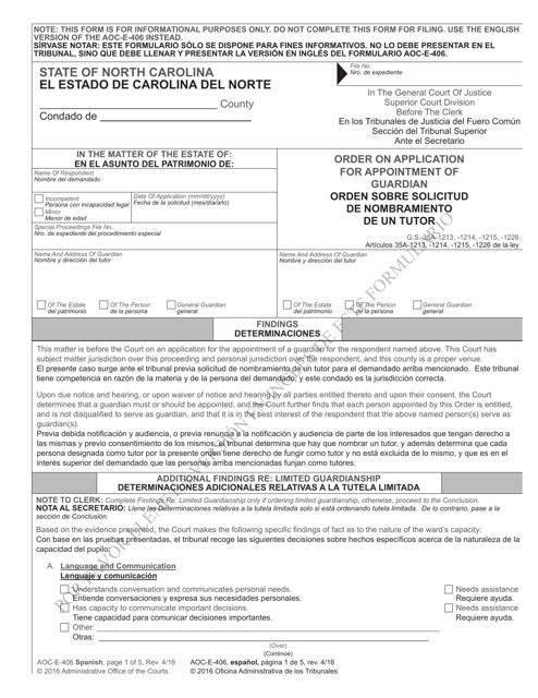 Form AOC-E-406 Order on Application for Appointment of Guardian - North Carolina (English/Spanish)
