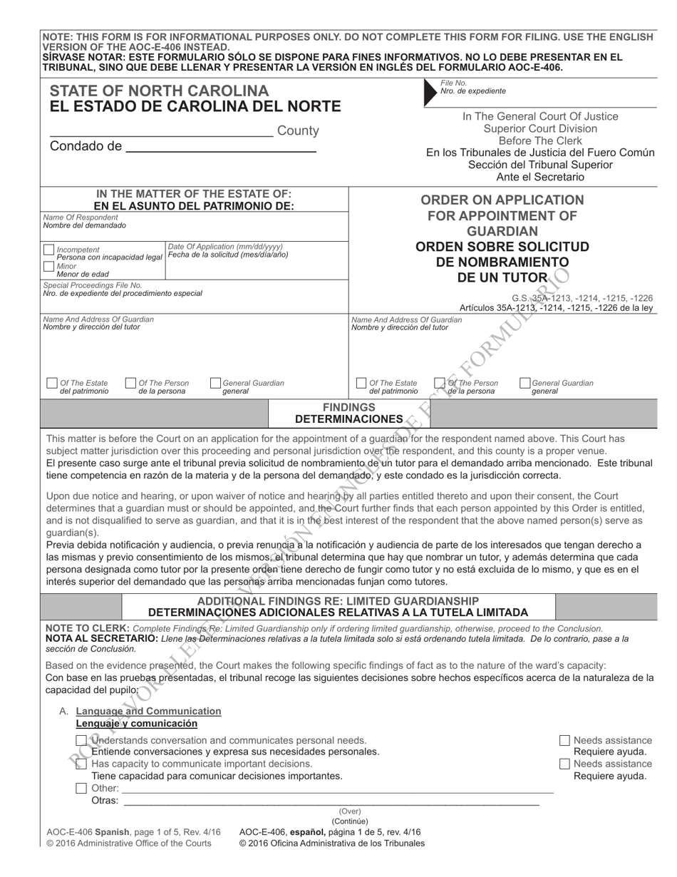 Form AOC-E-406 Order on Application for Appointment of Guardian - North Carolina (English / Spanish), Page 1