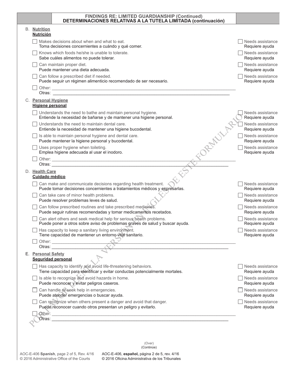 Form AOC-E-406 Order on Application for Appointment of Guardian - North Carolina (English / Spanish), Page 2