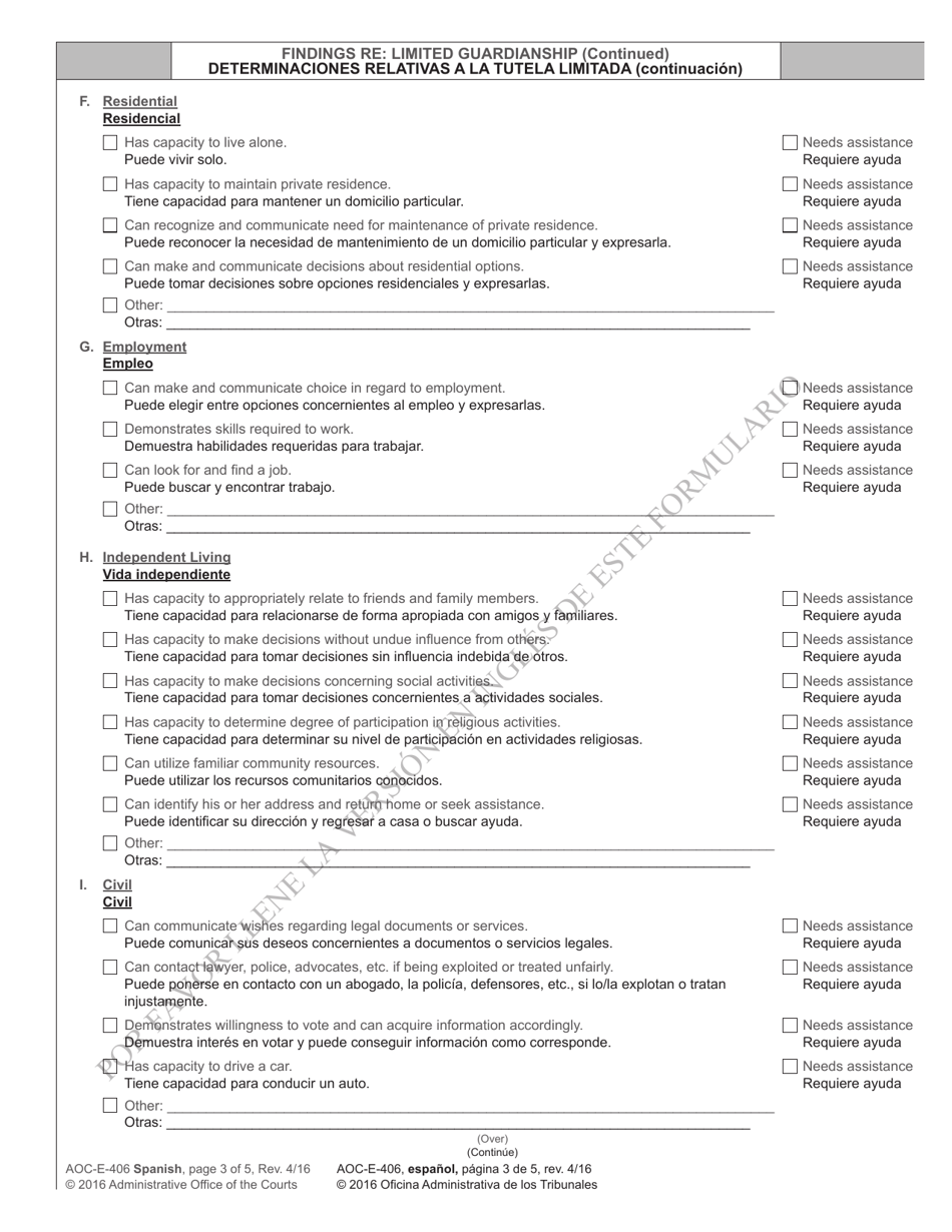 Form AOC-E-406 Order on Application for Appointment of Guardian - North Carolina (English / Spanish), Page 3