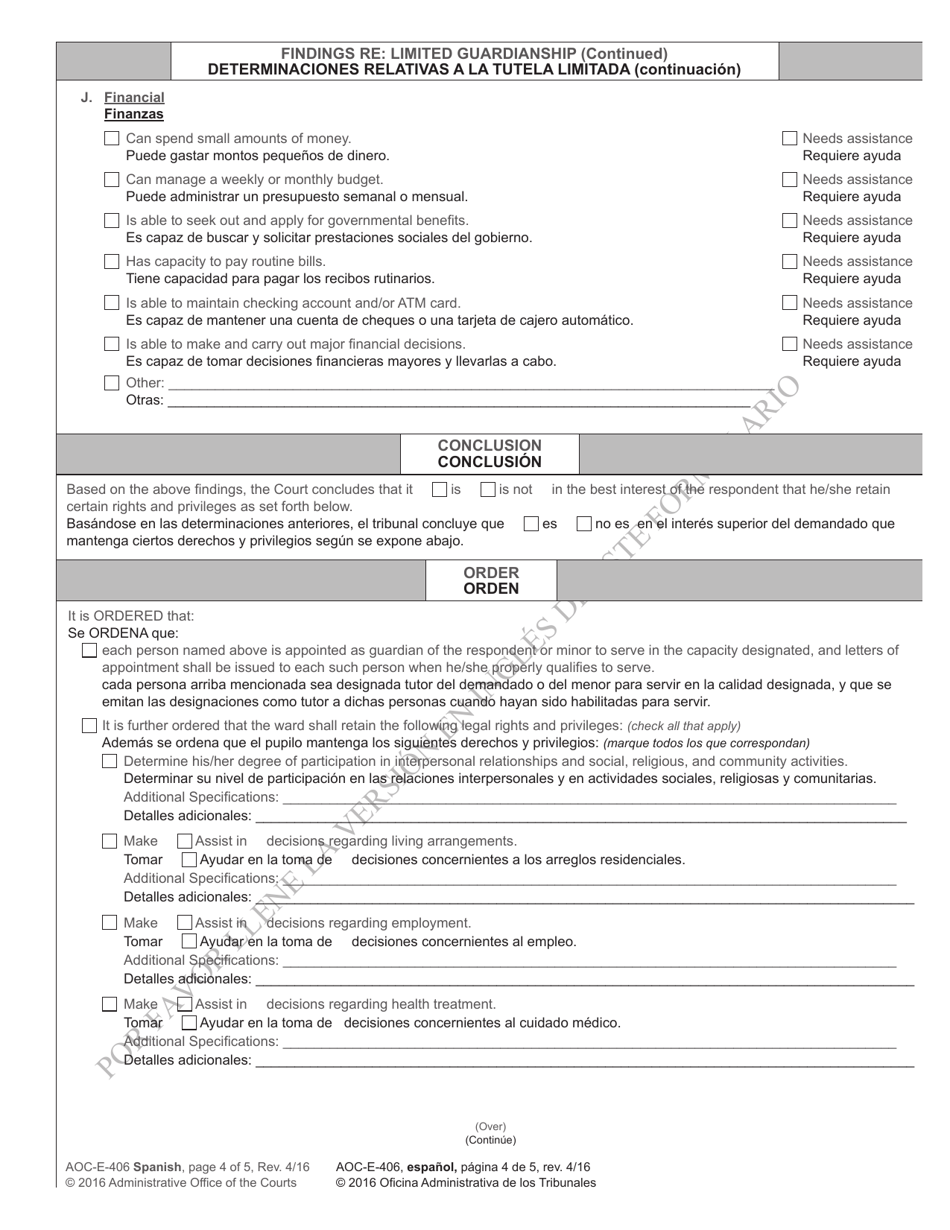 Form AOC-E-406 Order on Application for Appointment of Guardian - North Carolina (English / Spanish), Page 4