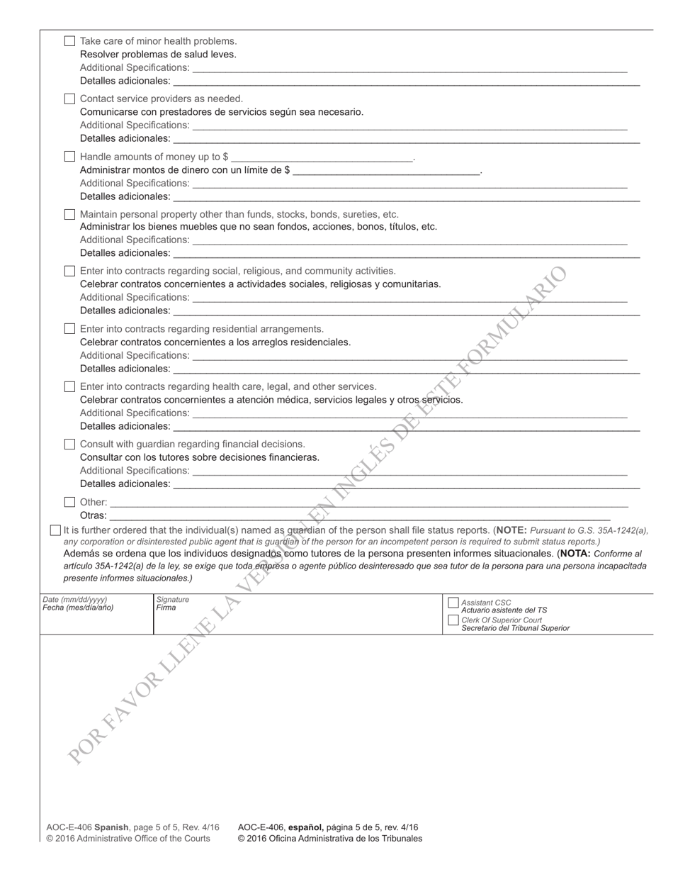 Form AOC-E-406 Order on Application for Appointment of Guardian - North Carolina (English / Spanish), Page 5