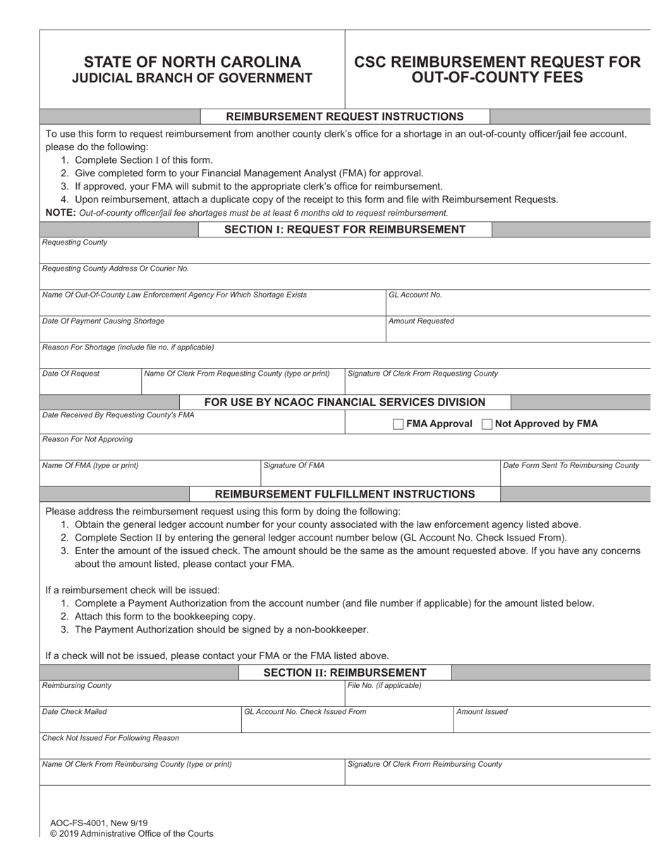 Form AOC-FS-4001 Csc Reimbursement Request for out-Of-County Fees - North Carolina, Page 1