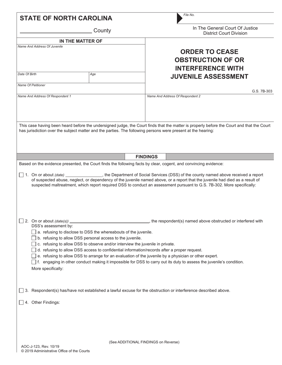 Form AOC-J-123 Order to Cease Obstruction of or Interference With Juvenile Assessment - North Carolina, Page 1