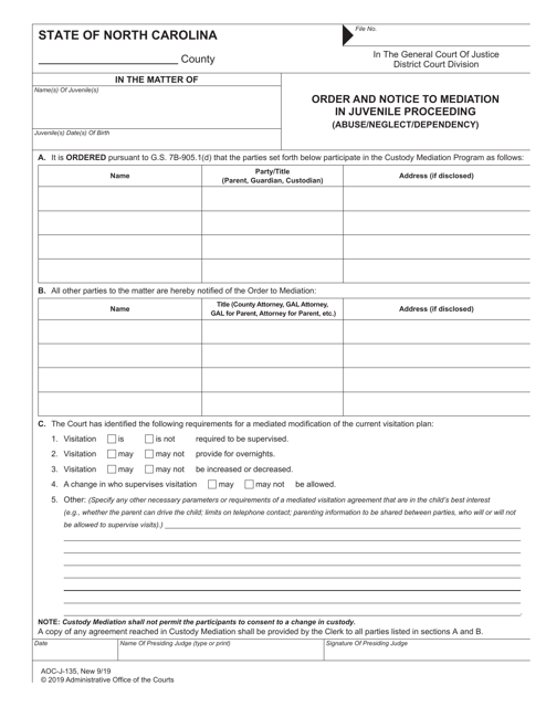 Form AOC-J-135 Order and Notice to Mediation in Juvenile Proceeding (Abuse/Neglect/Dependency) - North Carolina