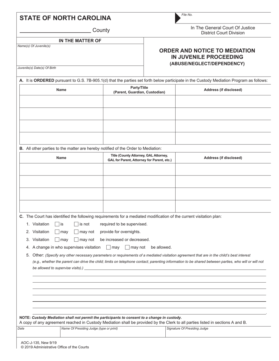 Form AOC-J-135 Order and Notice to Mediation in Juvenile Proceeding (Abuse / Neglect / Dependency) - North Carolina, Page 1
