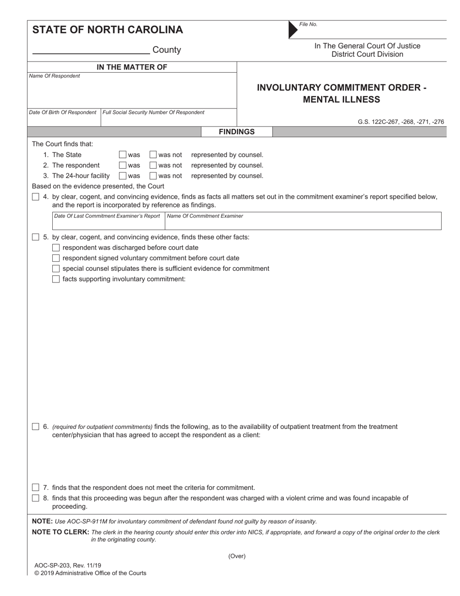 Form AOC-SP-203 Involuntary Commitment Order - Mental Illness - North Carolina, Page 1
