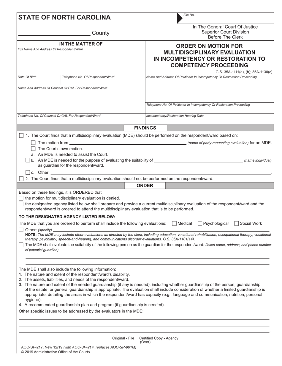 Form AOC-SP-217 Order on Motion for Multidisciplinary Evaluation in Incompetency or Restoration to Competency Proceeding - North Carolina, Page 1