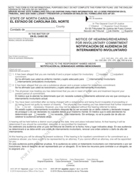 Document preview: Form AOC-SP-301 Notice of Hearing/Rehearing for Involuntary Commitment - North Carolina (English/Spanish)