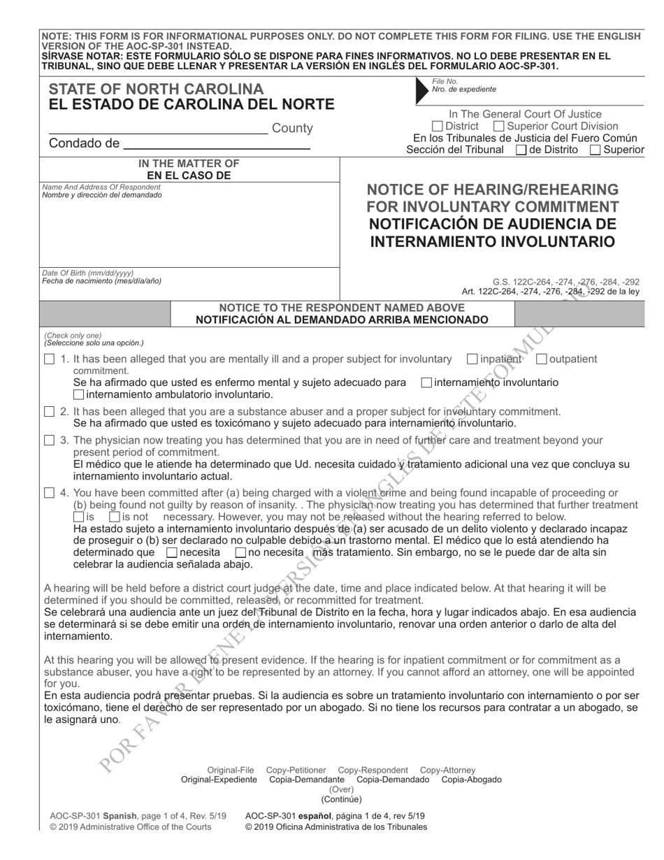 Form AOC-SP-301 Notice of Hearing / Rehearing for Involuntary Commitment - North Carolina (English / Spanish), Page 1
