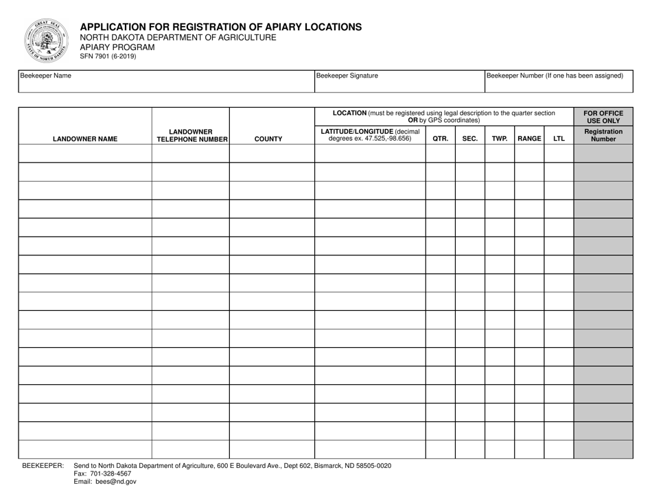 Form SFN7901 Application for Registration of Apiary Locations - North Dakota, Page 1