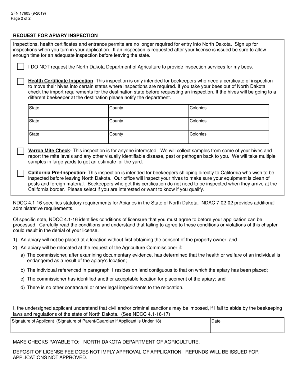 Form SFN17605 Application for Beekeepers License - North Dakota, Page 2