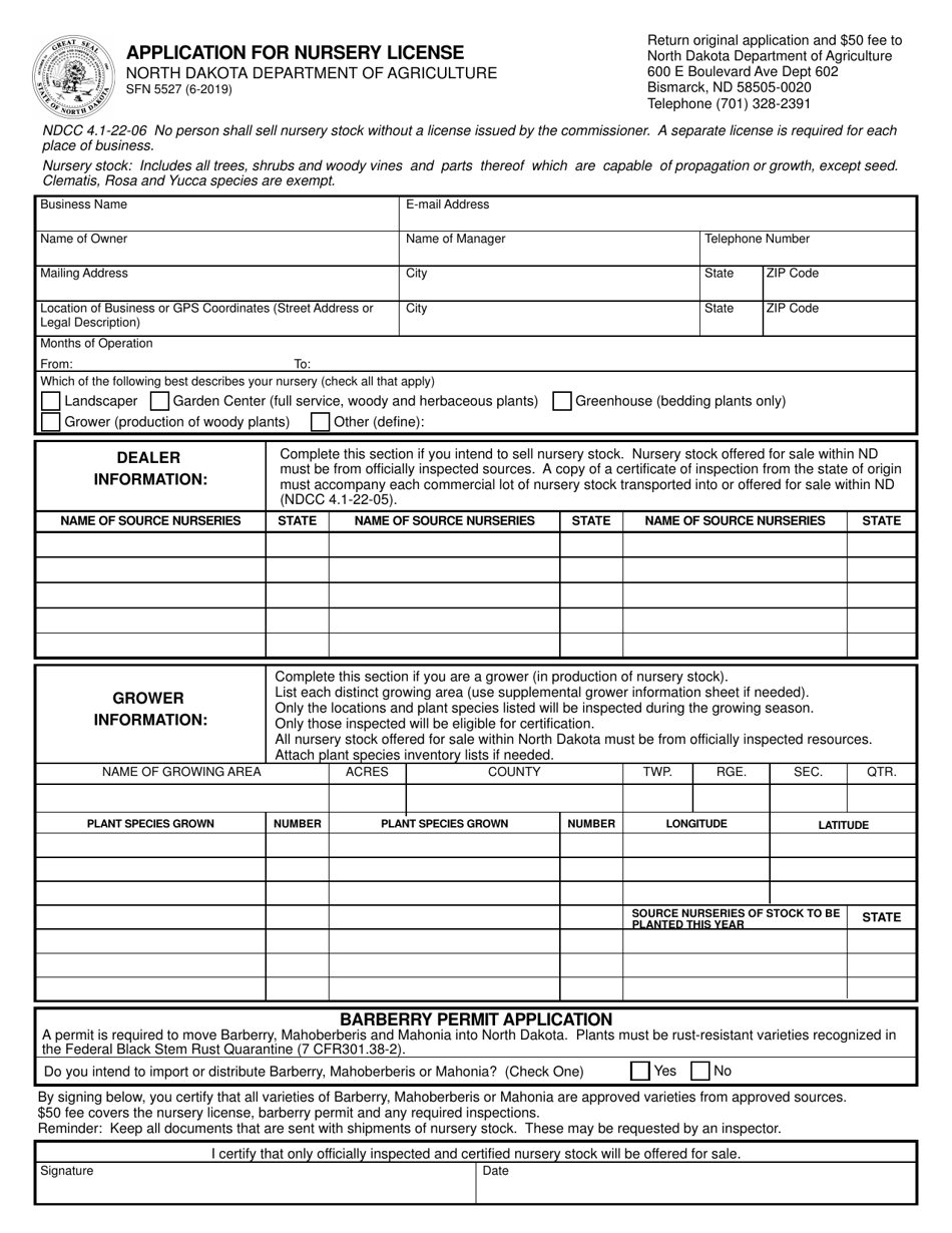Form SFN5527 Download Fillable PDF or Fill Online Application for Nursery License, North Dakota