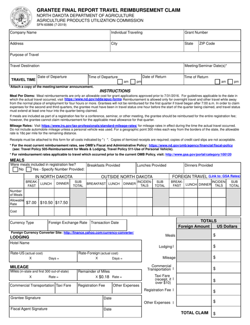 Form SFN60886 Grantee Final Report Travel Reimbursement Claim - North Dakota