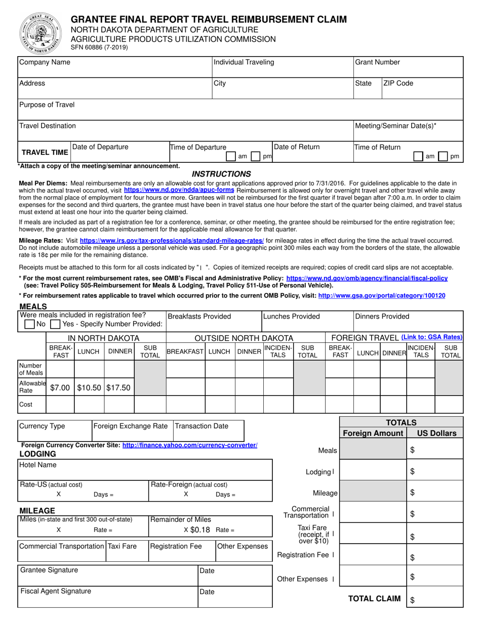 Form SFN60886 Grantee Final Report Travel Reimbursement Claim - North Dakota, Page 1