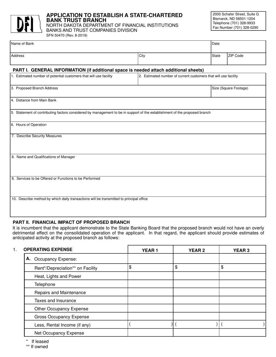Form SFN50470 Application to Establish a State-Chartered Bank Trust Branch - North Dakota, Page 1