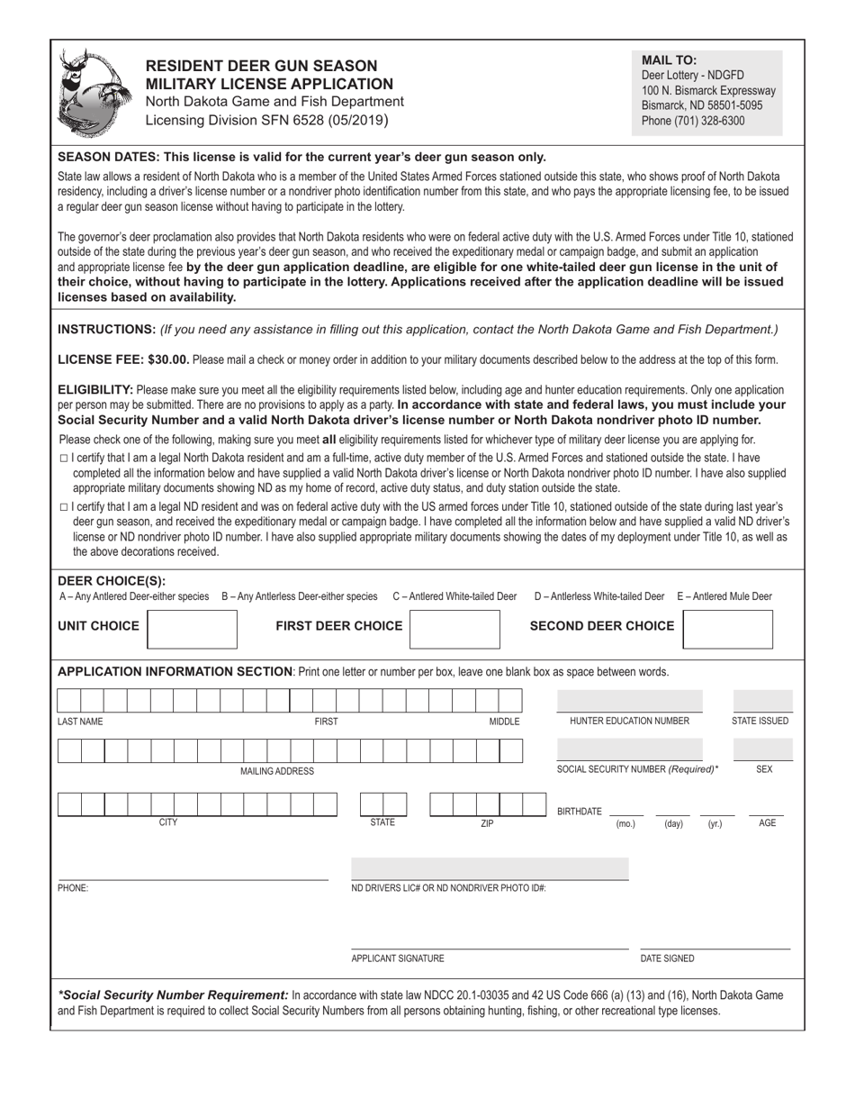 Form SFN6528 Resident Deer Gun Season Military License Application - North Dakota, Page 1