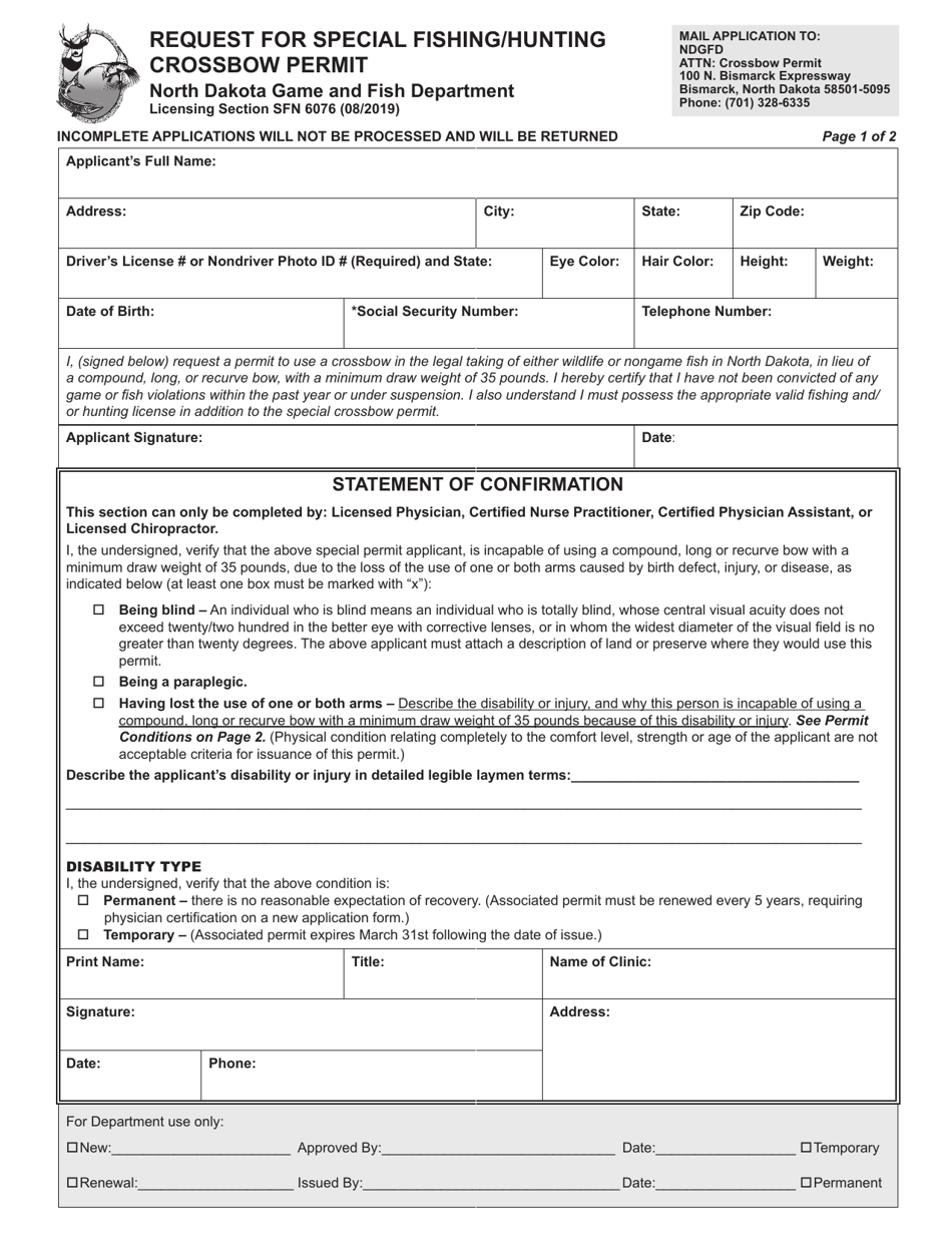 Form SFN6076 Request for Special Fishing/Hunting Crossbow Permit - North Dakota, Page 1