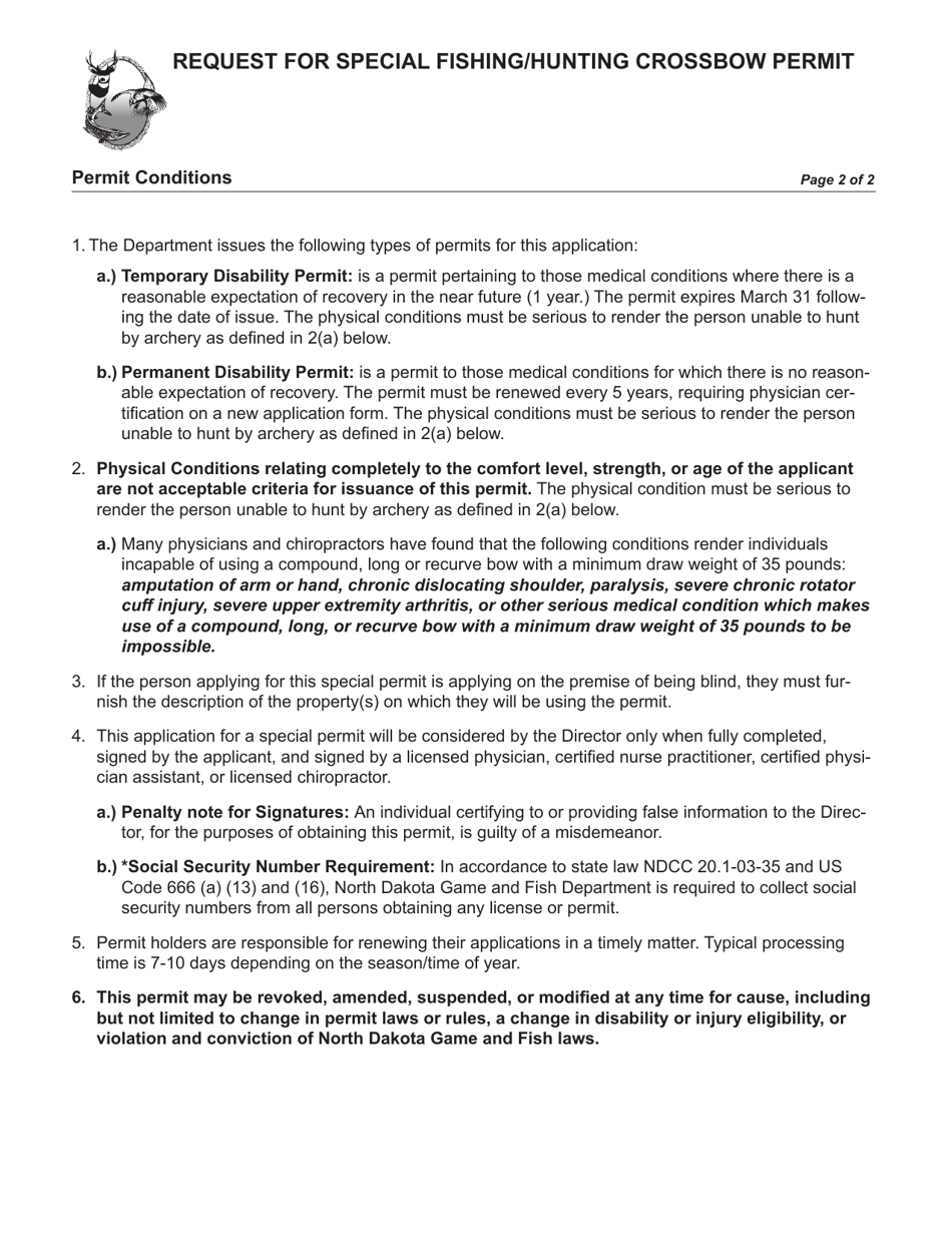 Form SFN6076 Request for Special Fishing / Hunting Crossbow Permit - North Dakota, Page 2