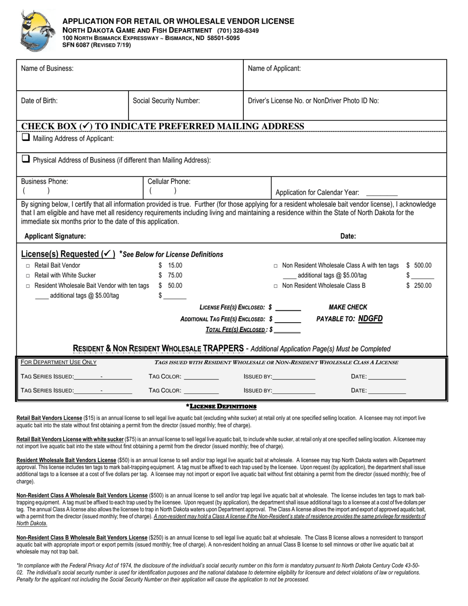 Form SFN6087 Application for Retail or Wholesale Vendor License - North Dakota, Page 1