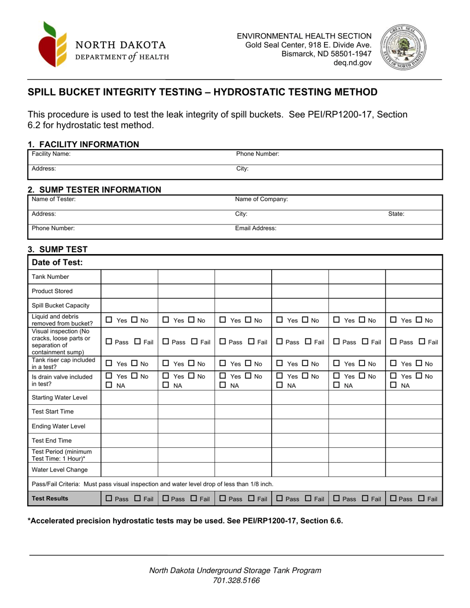 Spill Bucket Integrity Testing - Hydrostatic Testing Method - North Dakota, Page 1