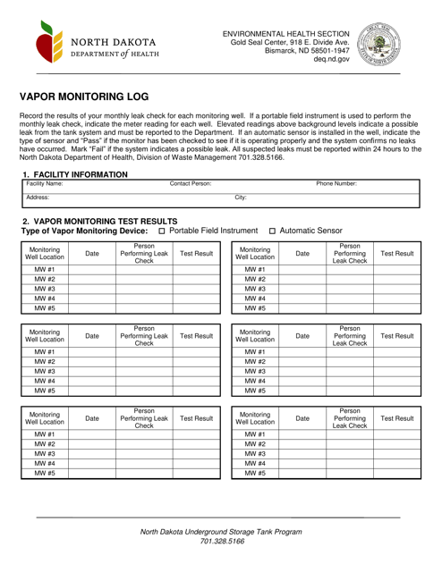 Vapor Monitoring Log - North Dakota Download Pdf