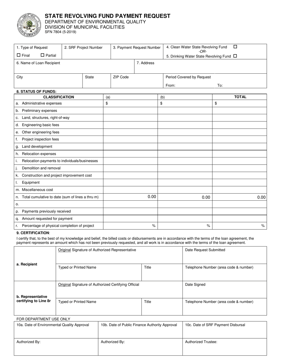 Form SFN7804 State Revolving Fund Payment Request - North Dakota, Page 1