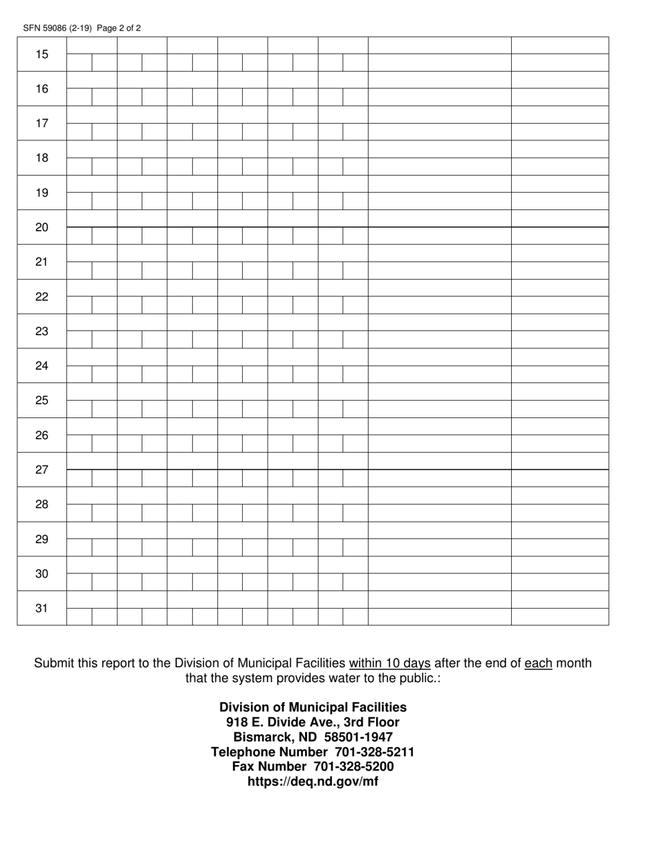 Form SFN59086 Membrane Treatment Technology Point of Entry Disinfectant Residual Monitoring Data - North Dakota, Page 2