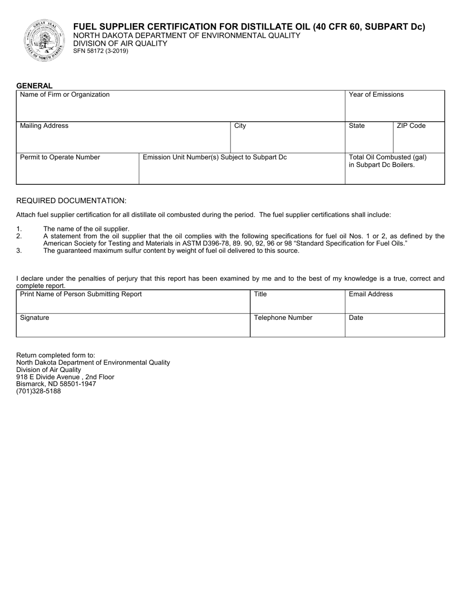 Form SFN58172 Fuel Supplier Certification for Distillate Oil (40 Cfr 60, Subpart Dc) - North Dakota, Page 1